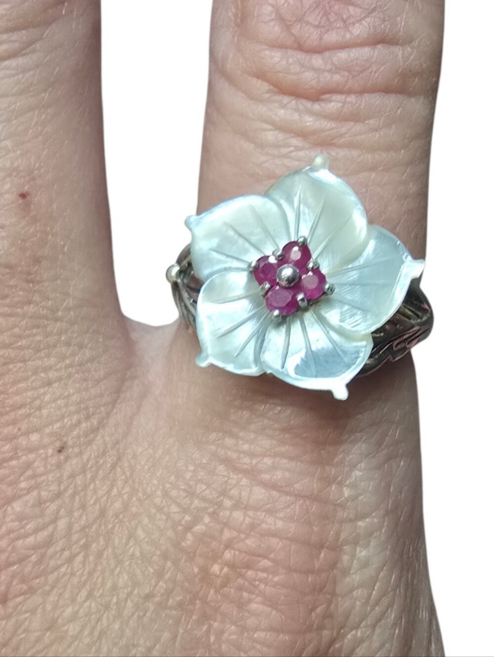 Vintage 925 Sterling Silver Carved Mother-of-Pearl Flower W/ Ruby Cluster 8